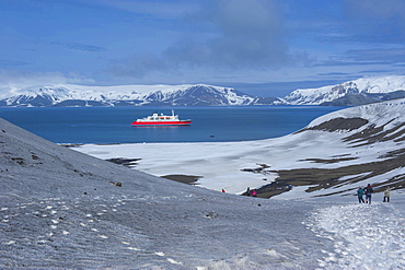 Cruise ship anchoring in the volcanic crater of Deception Island, South Shetland Islands, Antarctica, Polar Regions 