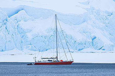 Sailing boat below a huge icefield near Port Lockroy research station, Antarctica, Polar Regions