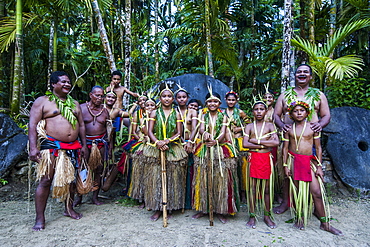 Traditionally dressed islanders posing for the camera, Island of Yap, Federated States of Micronesia, Caroline Islands, Pacific