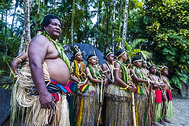 Traditionally dressed islanders posing for the camera, Island of Yap, Federated States of Micronesia, Caroline Islands, Pacific