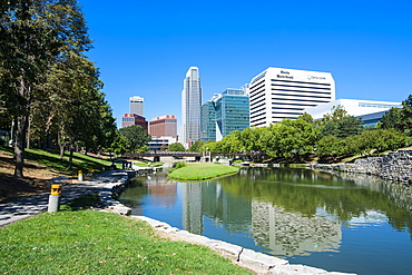 City park lagoon with downtown Omaha, Nebraska, United States of America, North America 