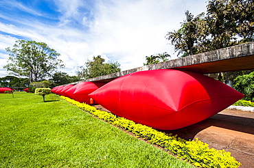 Inflated red pillows as modern art in Brasilia, Brazil, South America