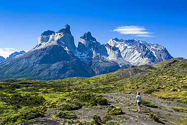 Woman enjoying the incredible mountains of the Torres del Paine National Park, Patagonia, Chile, South America