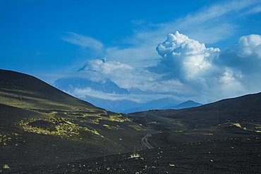 View over the lava sand field of the Tolbachik volcano, Kamchatka, Russia, Eurasia 