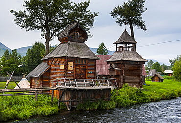 Traditional rebuilt houses in the Ewenen Museum in Esso, Kamchatka, Russia, Eurasia