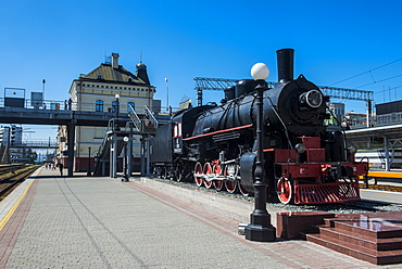 Old steam engine at the final railway station of the Trans-Siberian railway in Vladivostok, Russia, Eurasia 