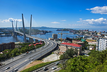 Overlook over Vladivostok and the new Zolotoy Bridge from Eagle's Nest Mount, Vladivostok, Russia, Eurasia 