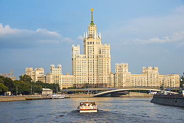 River cruise along the Moskva River (Moscow River) in front of one of the Stalin towers, Moscow, Russia, Europe