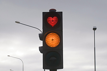 Heart as red light of a traffic light, Akureyri, Iceland, Polar Regions