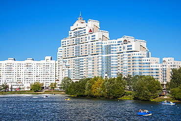 Apartment buildings along the Svislach River, Minsk, Belarus, Europe 