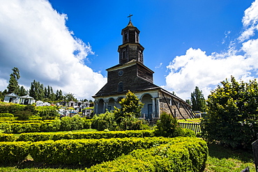 The wooden church of Nercon, UNESCO World Heritage Site, Chiloe, Chile, South America 