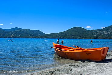 White sand beach, Lago Caburga near Pucon, southern Chile, South America 