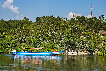 Boat with tourists shipping around the source of the Nile, Jinja, Uganda, East Africa, Africa