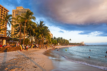 Late afternoon sun over the hotels on Waikiki Beach, Oahu, Hawaii, United States of America, Pacific