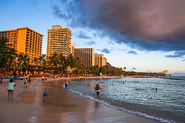 Late afternoon sun over the hotels on Waikiki Beach, Oahu, Hawaii, United States of America, Pacific