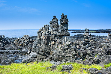 Stone walls made by tourists on the island of Jejudo, UNESCO World Heritage Site, South Korea, Asia