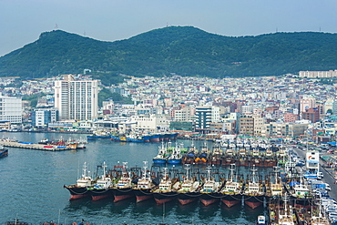 View over the harbour and fishing fleet of Busan, South Korea, Asia