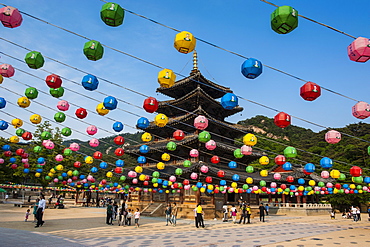 Colourful lanterns in the Beopjusa Temple Complex, South Korea, Asia