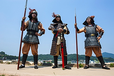 Traditional dressed guards at the changing of the guard ceremony, Gongsanseong Castle, Gongju, South Chungcheong Province, South Korea, Asia