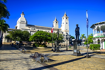 Town square of Puerto Plata with Cathedral of St. Philip the Apostle, Dominican Republic, West Indies, Caribbean, Central America