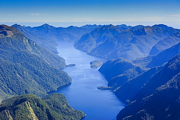 Aerial of a huge fjord in Fiordland National Park, UNESCO World Heritage Site, South Island, New Zealand, Pacific