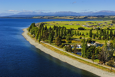 Aerial of Te Anau, Fiordland National Park, UNESCO World Heritage Site, South Island, New Zealand, Pacific