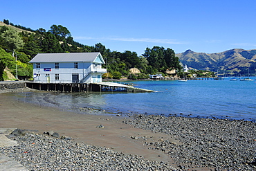 Boat house on the beach of Akaroa, Banks Peninsula, Canterbury, South Island, New Zealand, Pacific