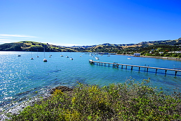 Little boats in the Akaroa harbour, Banks Peninsula, Canterbury, South Island, New Zealand, Pacific