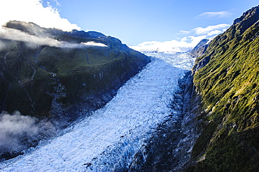 Aerial of Fox Glacier, Westland Tai Poutini National Park, South Island, New Zealand, Pacific