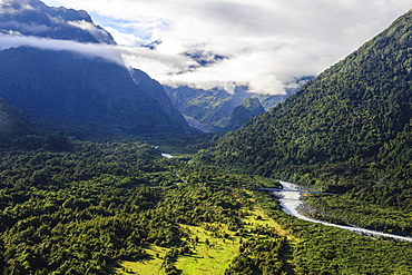 Aerial of the outflow of Fox Glacier, Westland Tai Poutini National Park, South Island, New Zealand, Pacific