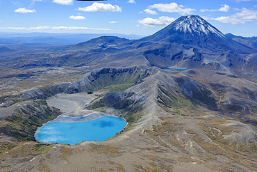 Aerial of the blue lake before Mount Ngauruhoe, Tongariro National Park, UNESCO World Heritage Site, North Island, New Zealand, Pacific