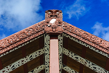 Wood carved roof in the Te Puia Maori Cultural Center, Rotorura, North Island, New Zealand, Pacific