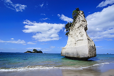 Giant rock on the sandy beach of Cathedral Cove, Coromandel, North Island, New Zealand, Pacific 