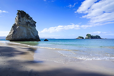 Giant rock on the sandy beach of Cathedral Cove, Coromandel, North Island, New Zealand, Pacific 