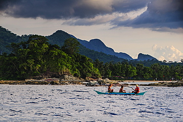 Outrigger cruising on the waters near the Puerto Princesa underground river, Palawan, Philippines, Southeast Asia, Asia