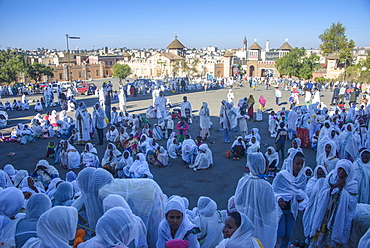 Orthodox women praying at the Easter ceremony, Coptic Cathedral of t. Mariam, Asmara, capital of Eritrea, Africa