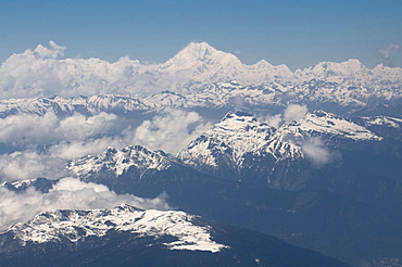 Aerial photo of the Himalayas with the world's third highest mountain, Kanchenjunga, Bhutan, Asia