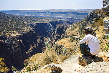 Local man looking at a huge canyon on the Dixsam plateau on the island of Socotra, UNESCO World Heritage Site, Yemen, Middle East