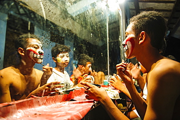 Male dancers preparing for a traditional Javanese dance, Yogyakarta, Java, Indonesia, Southeast Asia, Asia