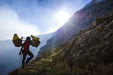 Backlit, worker, sulphur, mine, Ijen, ijen volcano, volcano, crater, Java, Indonesia, Southeast Asia, Asia