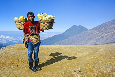 Worker carrying big pieces of sulphur out of the Ijen Volcano, Java, Indonesia, Southeast Asia, Asia