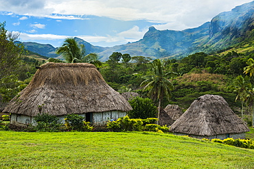 Traditional thatched roofed huts in Navala in the Ba Highlands of Viti Levu, Fiji, South Pacific, Pacific