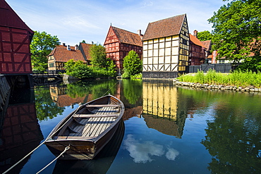 Little boat in a pond in the Old Town, Den Gamle By, open air museum in Aarhus, Denmark, Scandinavia, Europe