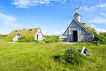 Traditional Viking buildings in the Norstead Viking Village and Port of Trade reconstruction of a Viking Age settlement, Newfoundland, Canada, North America