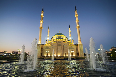 Akhmad Kadyrov Mosque after sunset, Grozny, Chechnya, Caucasus, Russia, Europe