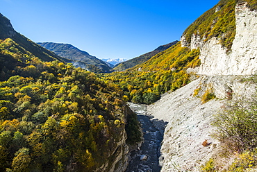 Road leading through a beautiful gorge on the Argun River in the mountains of Chechnya, Caucasus, Russia, Europe