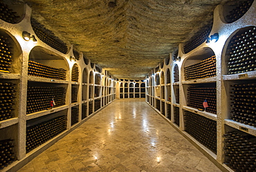 Selected wines from the past in the Wine tasting area in the cellars of Cricova, one of the largest wineries of the world, Moldova, Europe