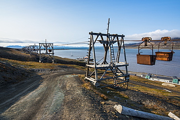 Old coal trolleys in Longyearbyen, Spitsbergen, Svalbard, Arctic, Norway, Scandinavia, Europe