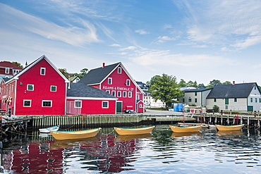 Little rowing boat anchored in the harbour of the old town of Lunenburg, UNESCO World Heritage Site, Nova Scotia, Canada, North America