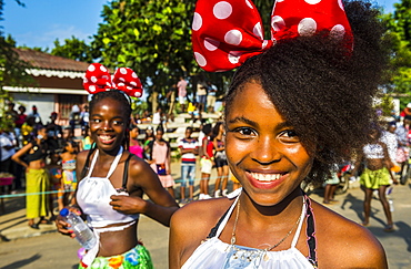 Friendly girls, Carneval in the town of Sao Tome, Sao Tome and Principe, Atlantic Ocean, Africa